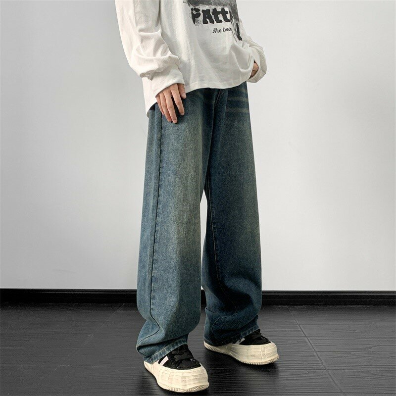 Jeans uomo 2024 primavera Jeans gamba larga uomo pantaloni larghi in Denim dritto Harajuku Vintage Blue Jean pantaloni Streetwear vestiti