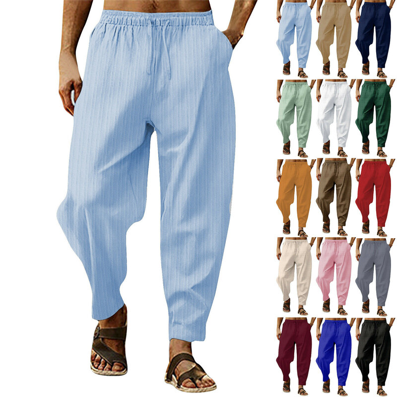 Men's Spring Autumn Casual Solid Color Haren Pants Fashion Drawstring Elastic Waist Striped Trousers Loose Comfort Sweatpants