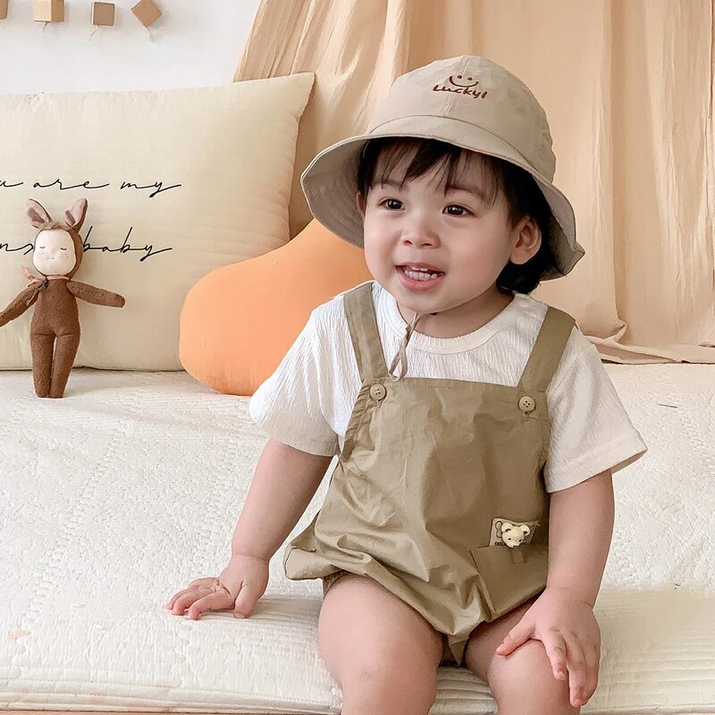 0-2 Year Summer Korean Infant Boys 2PCS Clothes Set Short Sleeve Solid Color T Shirts Sticker Bodysuit Suit Newborn Boys Outifts