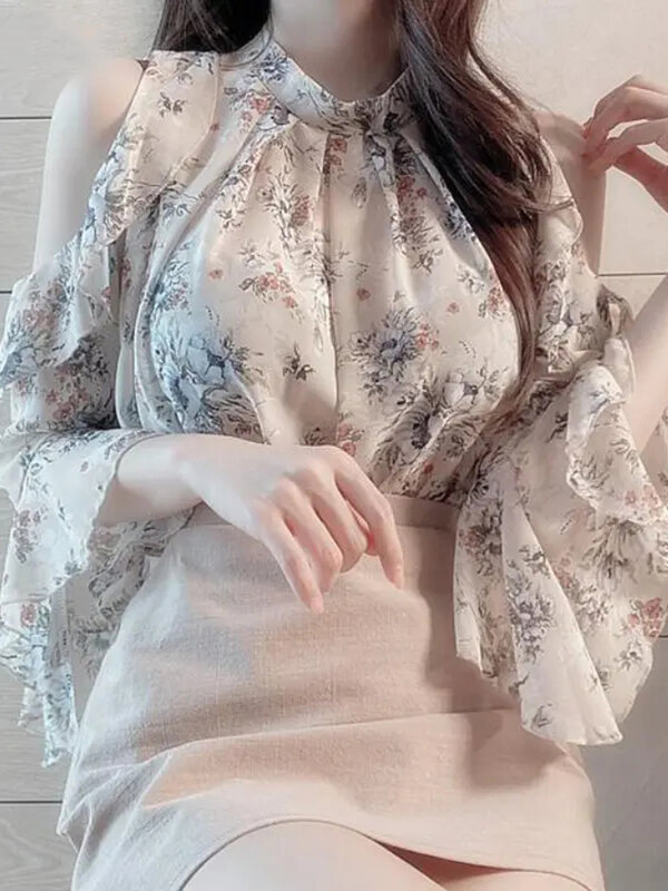 Blusas florais de manga comprida fora do ombro para mulher, vintage, elegante, francesa, design elegante, doce, chiffon, verão
