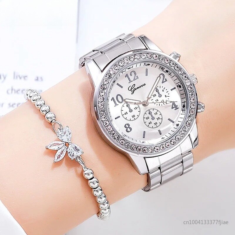 Diamantes de luxo Rhinestone Watch para mulheres, elegante relógio quartzo feminino, ouro rosa, banda de aço inoxidável