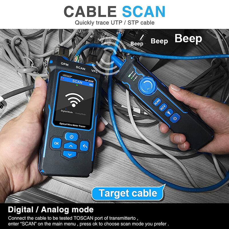 NOYAFA-probador de Cable de red de NF-8508, correa de verificación PoE, medidor de potencia óptica, pantalla LCD, medida de longitud, rastreador de Cable Wiremap