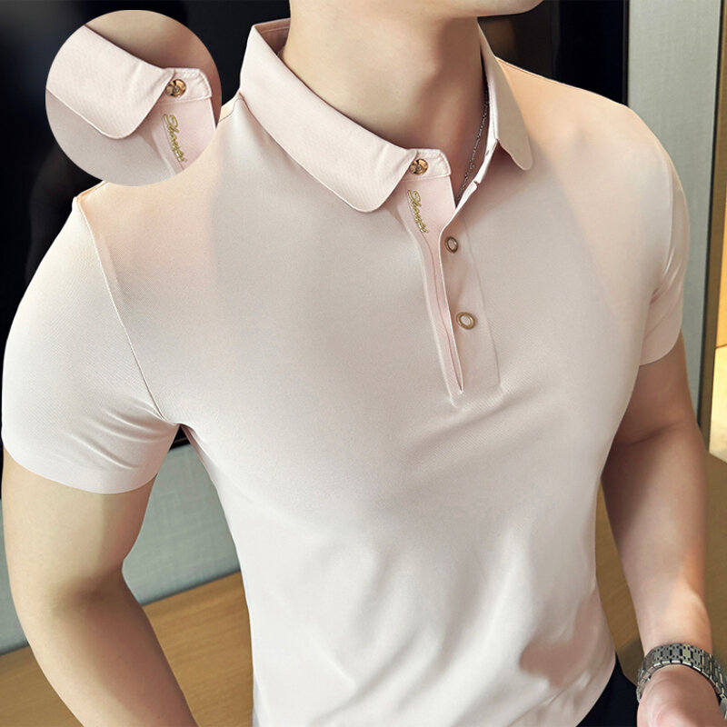 Camisa polo respirável de seda masculina, camiseta de manga curta, gola redonda, pequena, casual, diária, stretch, moda, negócio, M-4XL