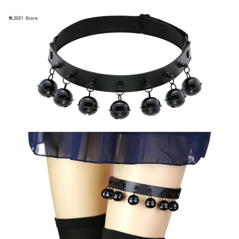 Cinturón cuero PU punk para mujer con decoración campana pequeña Cadena pierna roca gótica para mujer