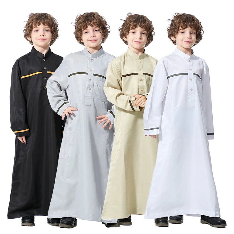 Baju Muslim anak laki-laki, pakaian Islami, baju Abaya, baju panjang, kerah berdiri, warna Solid, Dubai, jubah Muslim anak laki-laki