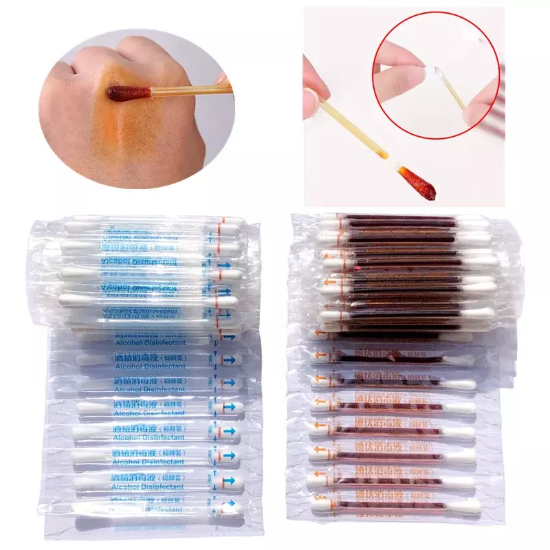 50/100pcs Disposable Medical Alcohol Sticks Disinfection Iodine Cotton Swabs Emergency First Aid Clean Wounds Supplies