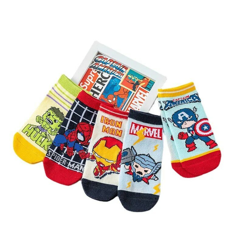 Spiderman Cotton Socks infantil, curta, anime, Homem de Ferro, Hulk, Thor, crianças, meninos, desenhos animados, bebê, primavera, verão, 1-12 Y, 5 pares