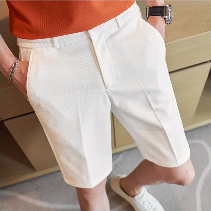 2024 New Summer Trousers Men's Solid Color Mid Waist Button Zipper Pockets Fashion Classic Slim Business Casual Straight Shorts