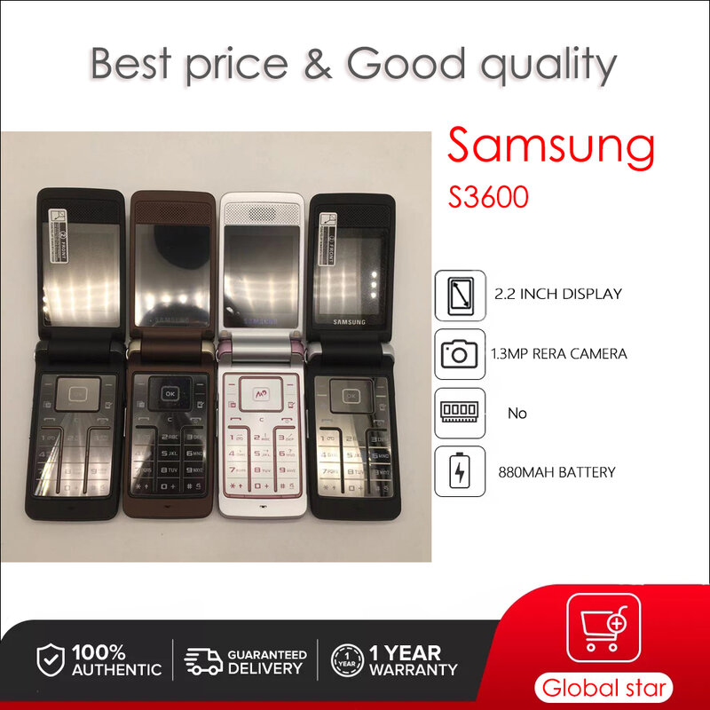 Samsung-Desbloqueado Usado Celular, S3600, Câmera 1.3MP, GSM, 2G, Suporte Flip Cell Phone, 1 Ano de Garantia, Original