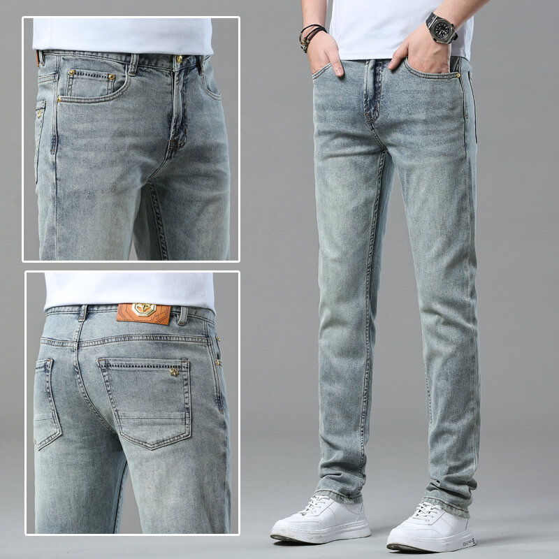 Новинка 2024, узкие джинсы в стиле ретро, синие мужские летние тонкие Стрейчевые деловые повседневные универсальные брюки-карандаш