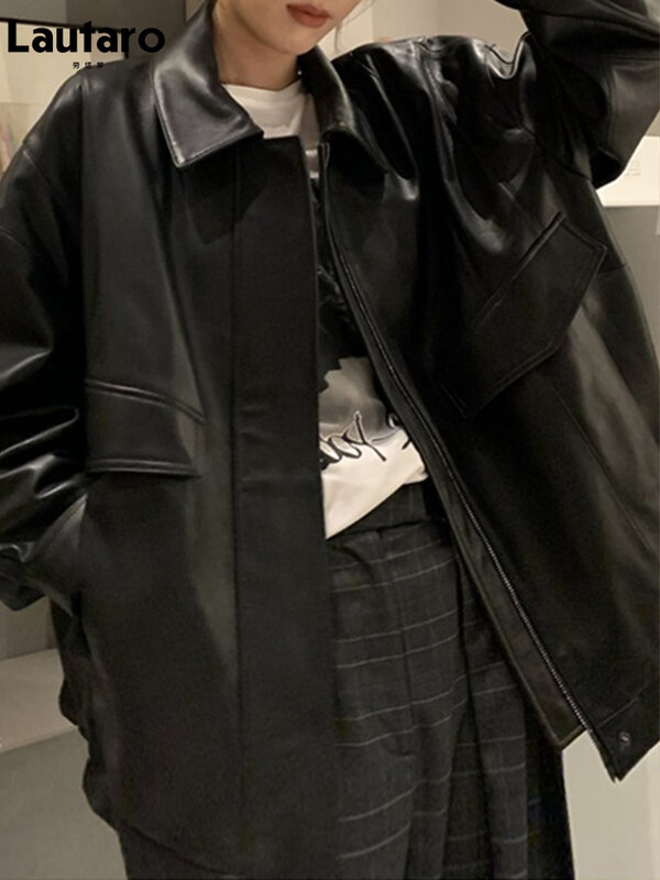 Lautaro-chaquetas de piel sintética suave para mujer, chaquetas informales de gran tamaño, impermeables, con cremallera y cintura elástica, color negro, primavera y otoño, 2022