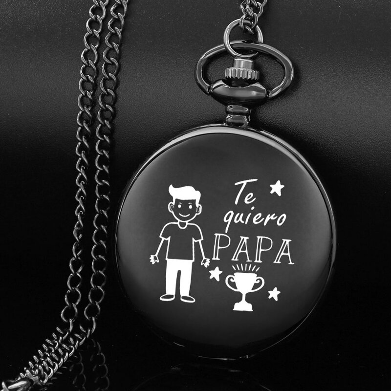 ساعة جيب كوارتز سوداء مع سلسلة حزام ، نحت quiero PAPA ، وجه أبجدية إنجليزية ، هدية عيد ميلاد مثالية لعيد الأب