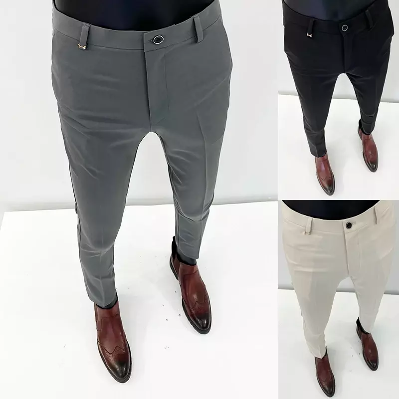 Celana Setelan Pria Celana Panjang Formal Gaun Kasual Warna Solid Ramping Ketat Hombre Celana Panjang Penuh Mode Pakaian Pria Baru
