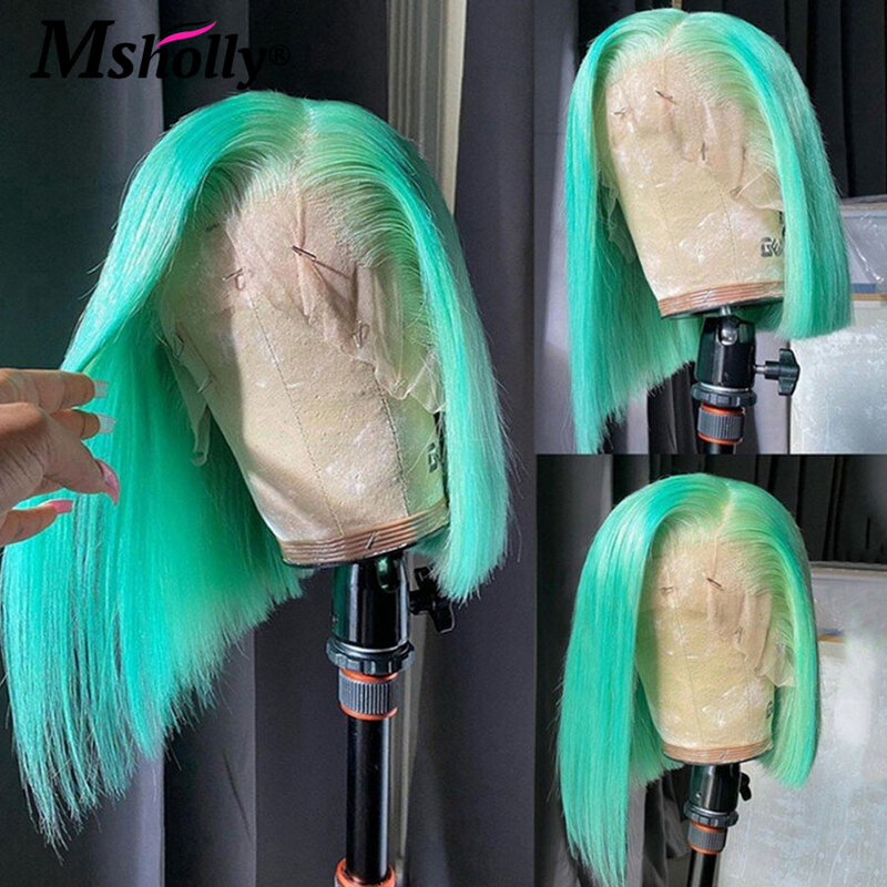 Perruques de cheveux humains Bob courts sans colle pour femmes, pré-plumées, droites, prêtes à porter, couleur verte menthe