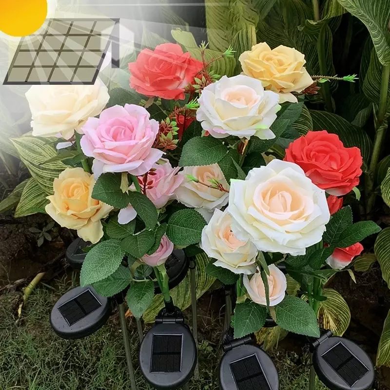 3-7 głowica LED Solar symulacja kwiat róży lampa LED na energię słoneczną ogrodowa do ogrodu na trawnik lampka nocna pejzaż z ogrodem kwiaty do dekoracji domu L