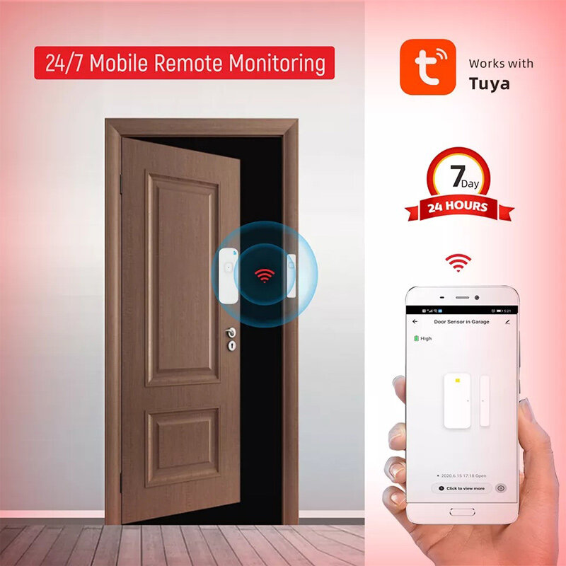 Alarma antirrobo Wifi Tuya, puerta inalámbrica inteligente, puerta magnética para el hogar, carga USB magnética, obtenga estado dinámico