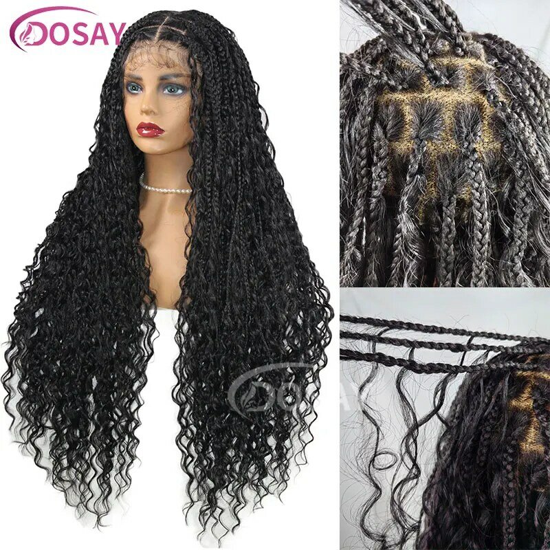 Bohemia Full Lace Box Braided Wigs Curly Deep Wave Synthetic Lace Front Wig With Plaits Knotless Boho Box Braids Wigs For Women
