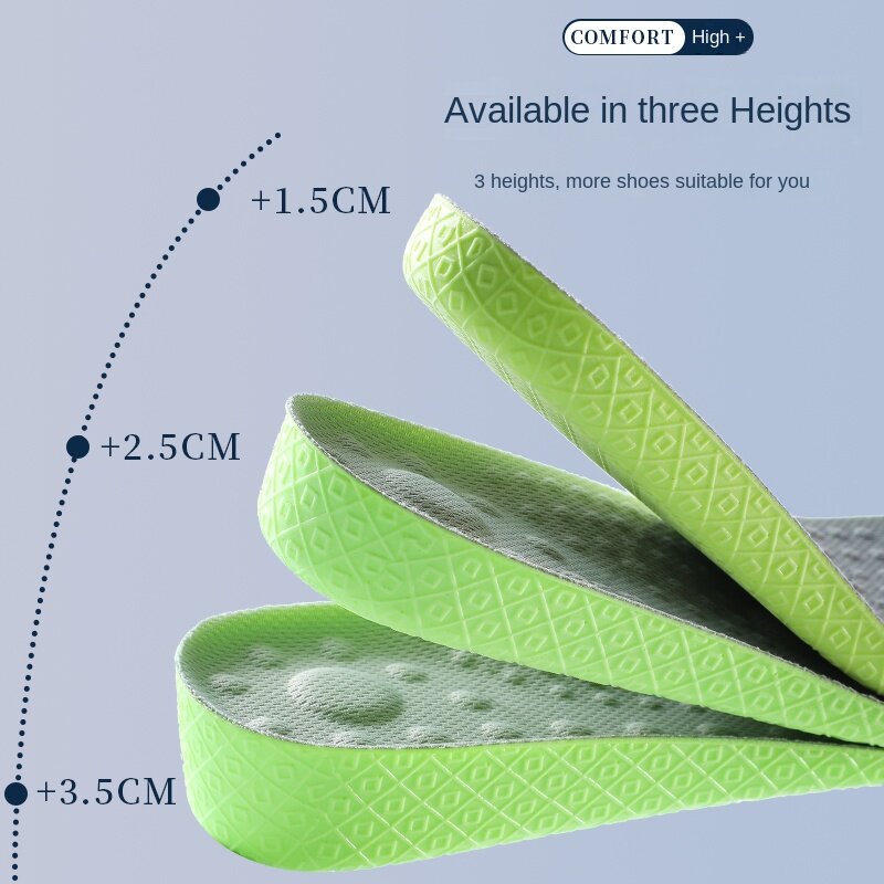 1.5-3.5cm Invisiable Height Increase Insoles for Women Men Green Shoes Sole Pad Breathable Shock Absorption Feet Care Cushion