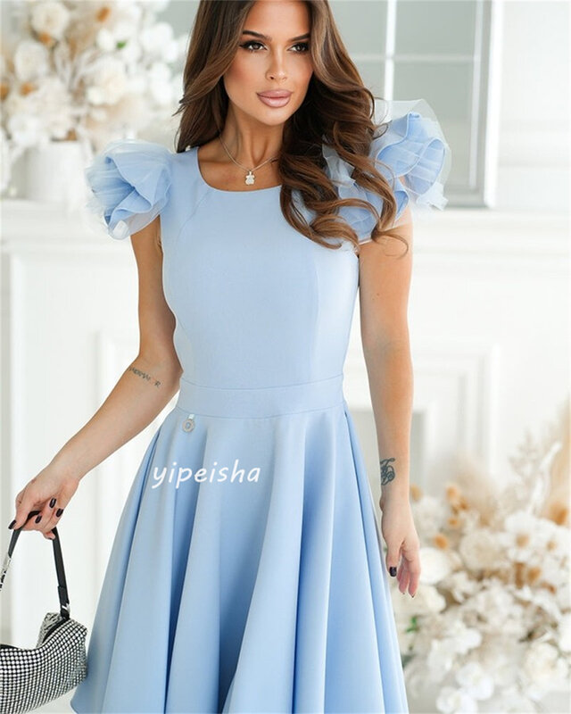 Jersey Draped Pleat Ruched Quinceanera A-line O-Neck Bespoke Occasion Gown Knee Length Dresses