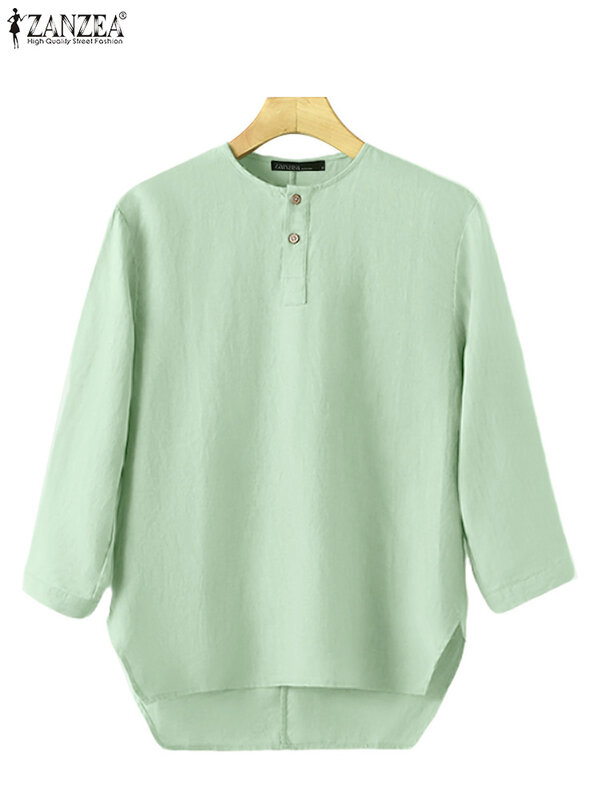 ZANZEA-Blusa casual de cor sólida para mulheres, camisa de rua, manga 3/4, túnica com o pescoço, festa vintage, moda primavera