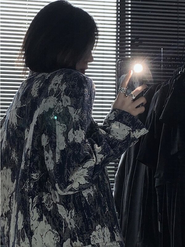 UNXX-Jaquetas curtas com padrão Jacquard retrô para mulheres, casacos de carga com zíper casual coreano, roupas grandes Harajuku para casais, primavera e outono