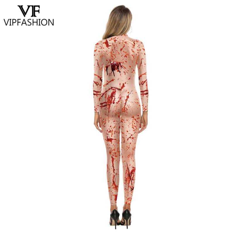 VIP FASHION Blood Print Costume Women Halloween Party Jumpsuits Lady Sexy Zentai Bodysuit Carnival Holiday Show Outfit Clothing