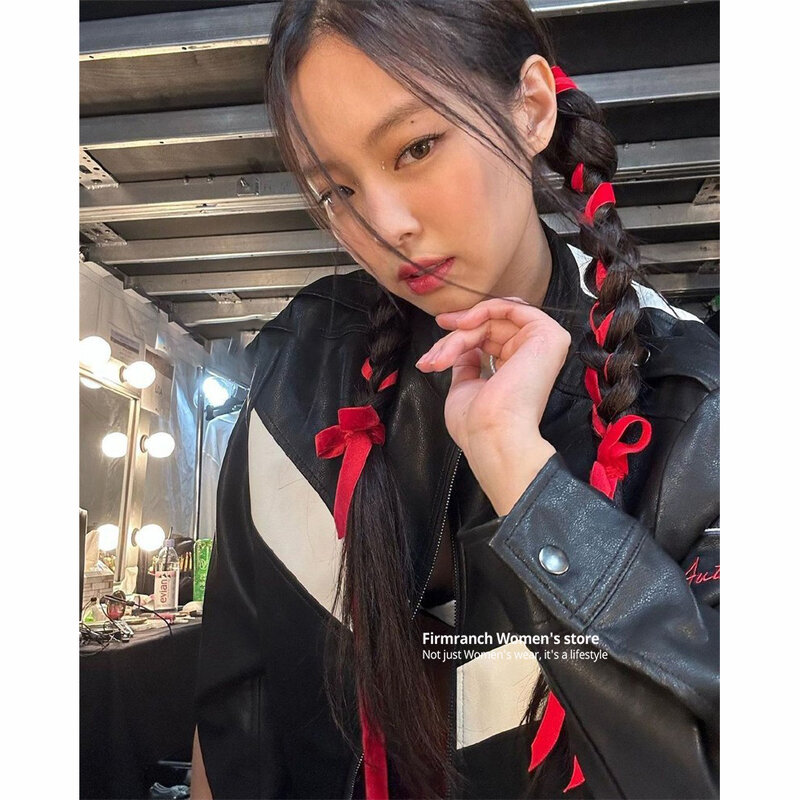 Корейская мода firmранчо Дженни в стиле байкера из искусственной кожи мотоциклетная уличная одежда с черной вышивкой Блейзер Y2K