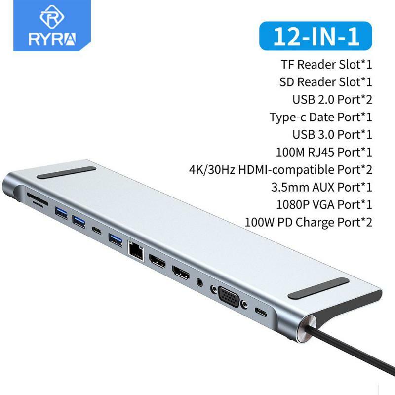 USB-концентратор RYRA 12 в 1 с 2 портами HDMI, USB 3,0, 4K, HDMI, RJ45, SD/TF