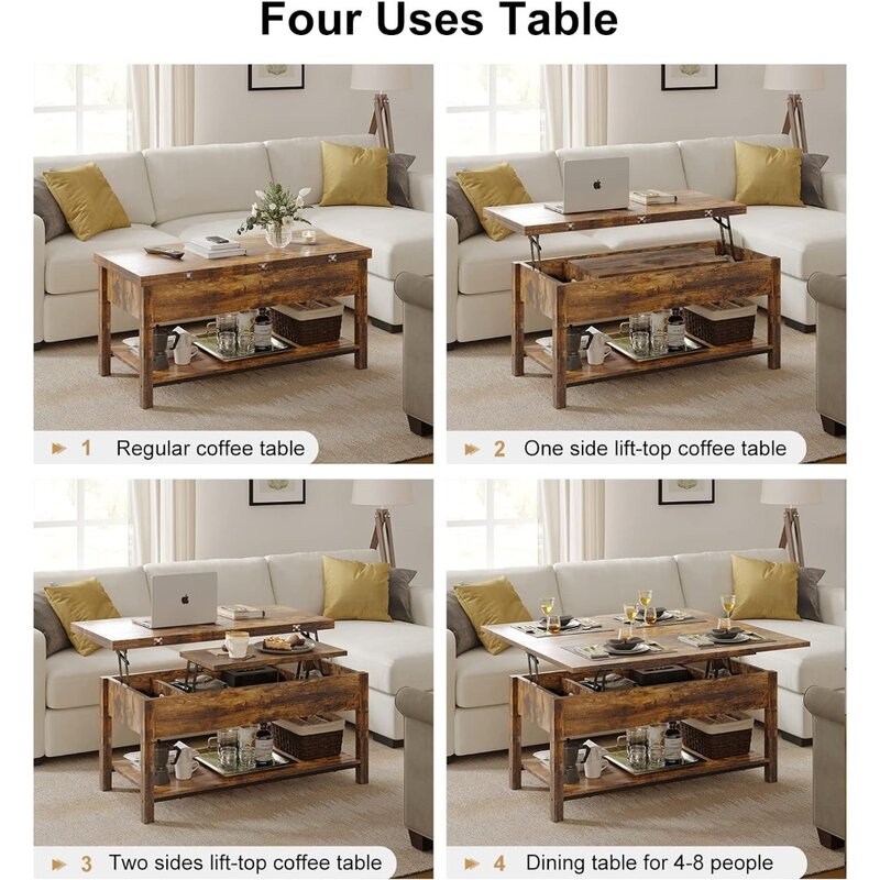 Furnitur 4-dalam-1 meja kopi konvertibel multi-fungsi dengan penyimpanan meja makan cokelat pedesaan furnitur kursi ruang tamu