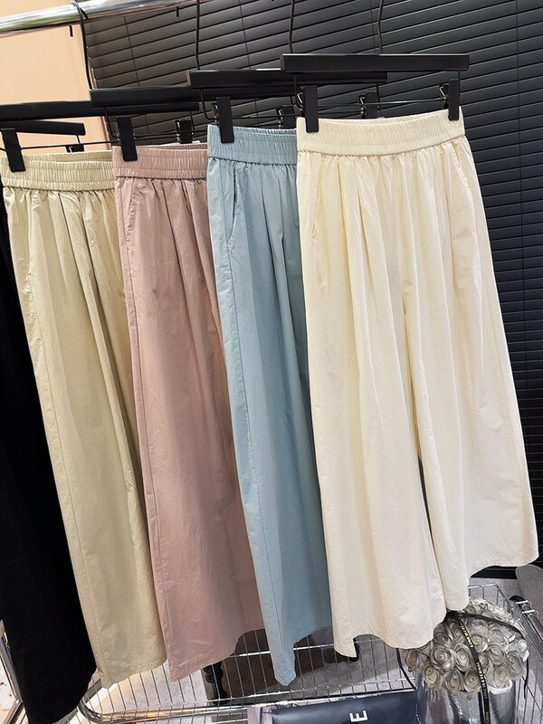 Celana panjang wanita, kasual longgar Solid pinggang elastis saku lurus celana kaki lebar Streetwear XXS/2 XS/4 S/6 M/8 L/10
