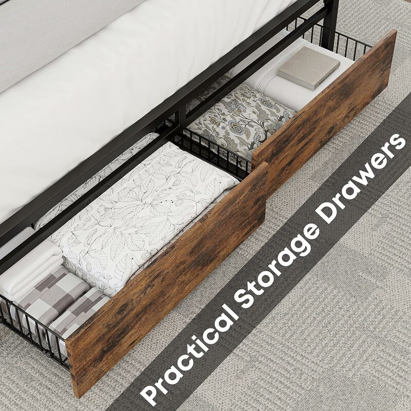 Полноразмерная рама для кровати с ящиками для хранения, платформа для кровати с изголовьем и зарядной станцией, винтажная, коричневая