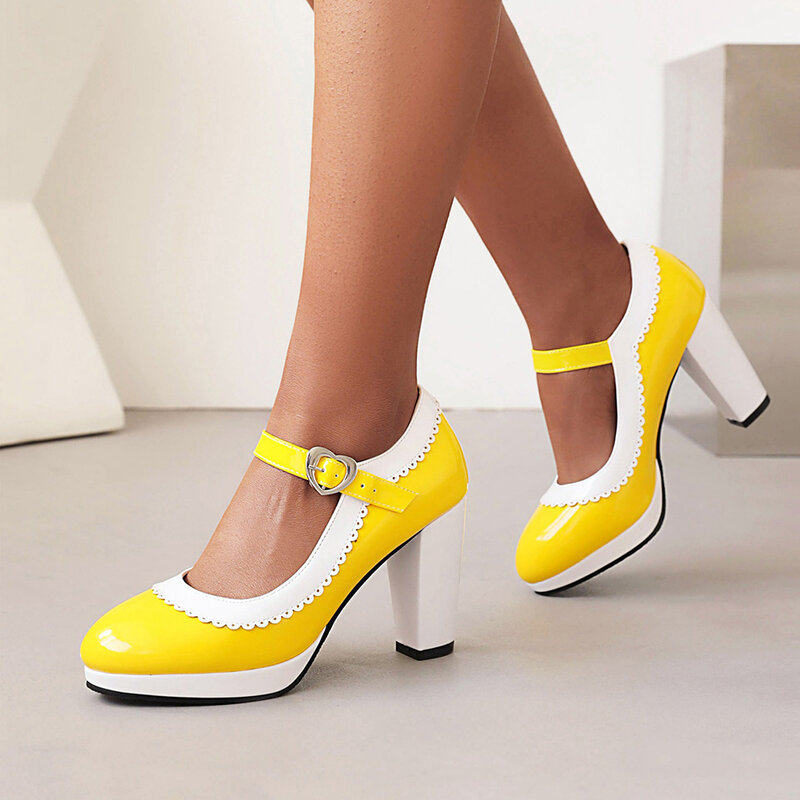 Sepatu Wanita Hak Tinggi Wanita Platform Warna Campuran Sepatu Hak Tinggi Mulut Dangkal Sepatu Ujung Bulat untuk Wanita Sepatu Hak Tinggi Mary Jane