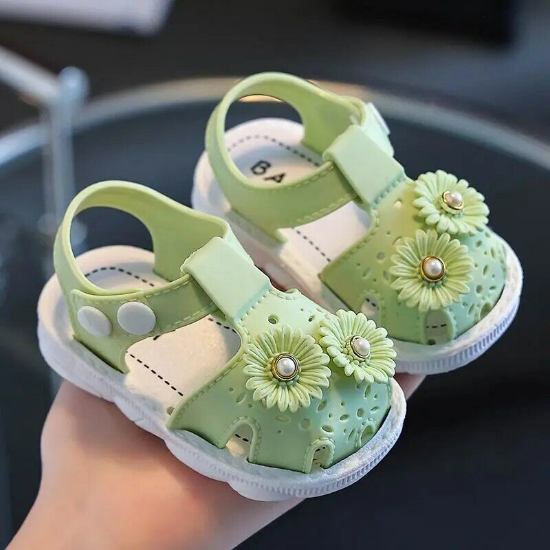 Sandalias de flores para niñas, zapatos de princesa antideslizantes de fondo suave, PVC sólido, Verano