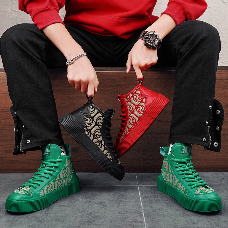 Neue heiße Verkauf grüne Herren Leinwand Schuhe rot Mode druck High Top Casual Sneakers Männer Frühling atmungsaktive vulkan isierte Schuhe Männer