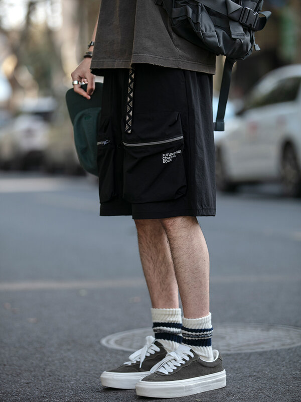 Shorts de carga baggy masculino com zíper, bolso grande, moda coreana, hip hop, harajuku, casual, calças esportivas, roupas masculinas, verão