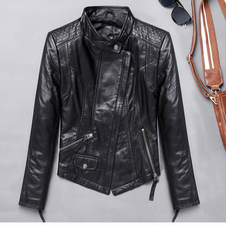 Jaqueta de couro genuíno feminina, casaco 100% pele de carneiro, slim fit, motocicleta, couro verdadeiro, outono, 1715, 2023