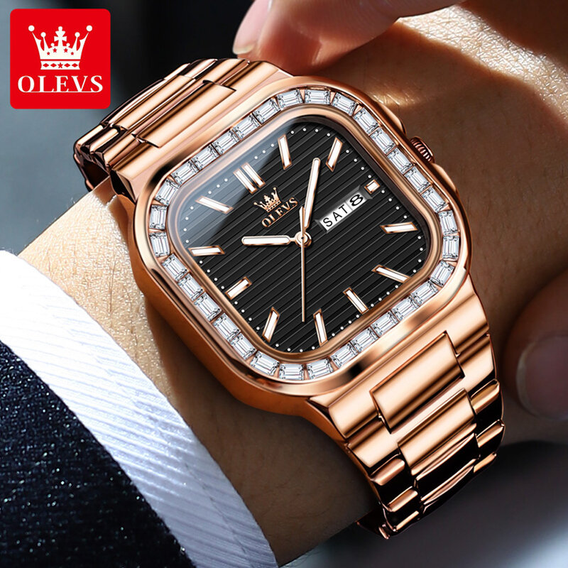 OLEVS jam tangan Quartz pria anti air, jam tangan berlian mewah, jam tangan minggu bercahaya, anti air, baja anti karat, jam Quartz mode baru 2024