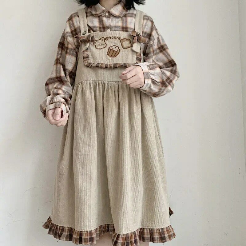 Korduroi Lucu Baju Kerja Kotak-kotak Tambal Sulam Ruffle Longgar Gaun Qweek Kawaii Lolita Jepang Beruang Cetak Gaun Manis Lolita Jepang