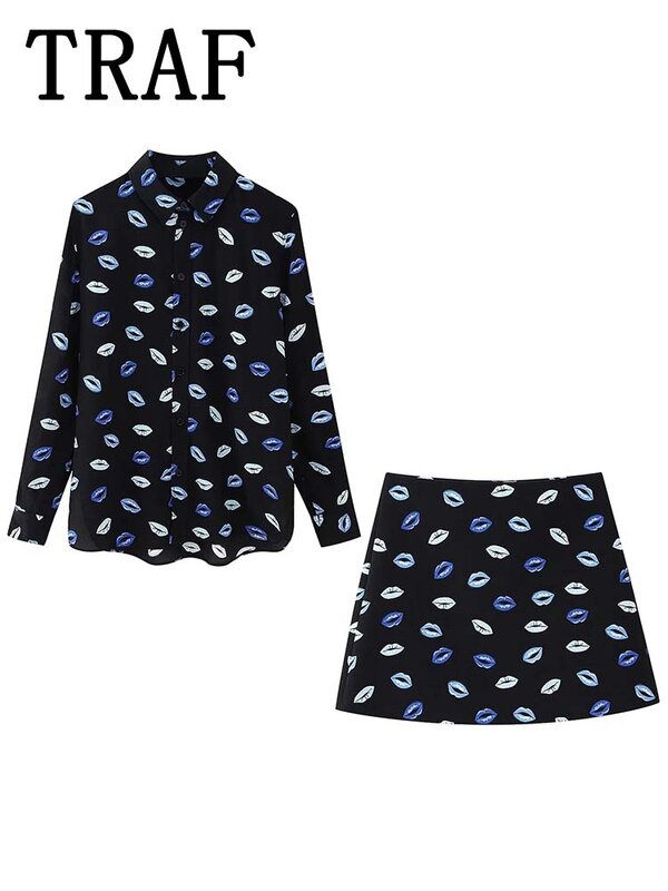 TRAF-Conjunto de minifalda estampada para mujer, camiseta de manga larga, trajes de 2 piezas, novedad de 2024