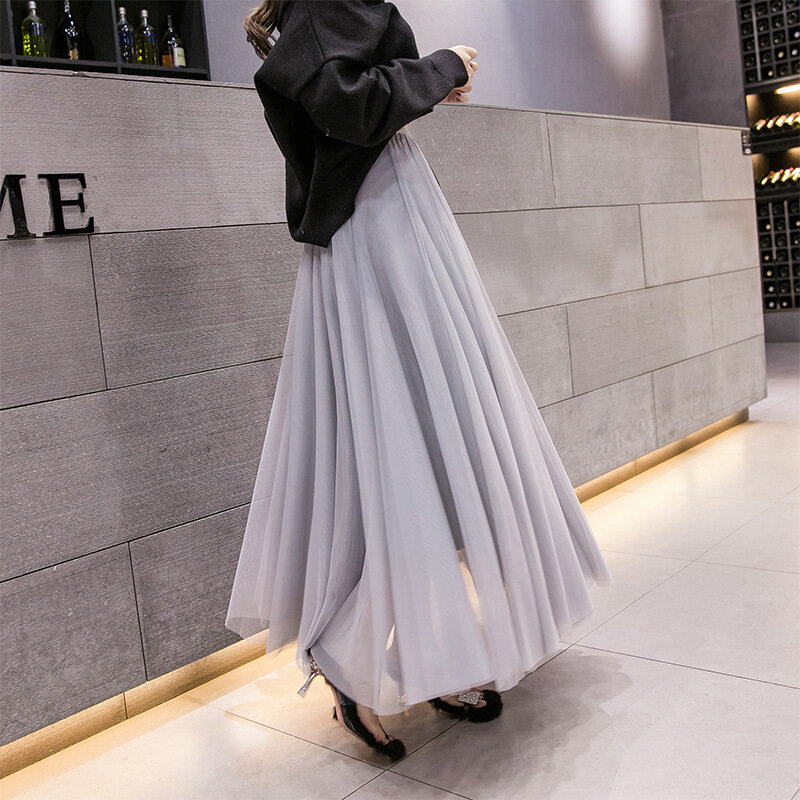 Плиссированное кружевное женское длинное Тюлевое платье, юбка, женское платье с высокой талией и широким подолом, юбки, женские плиссированные повседневные модные юбки Q937