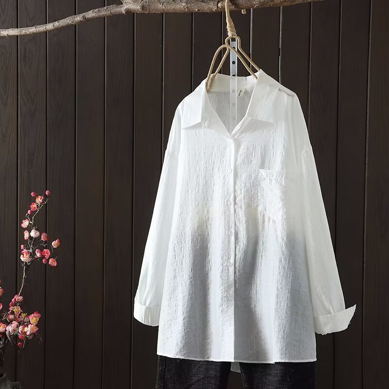 Блузка Женская Повседневная с длинным рукавом, Однотонная рубашка в японском стиле, одежда для женщин, большие размеры, на лето