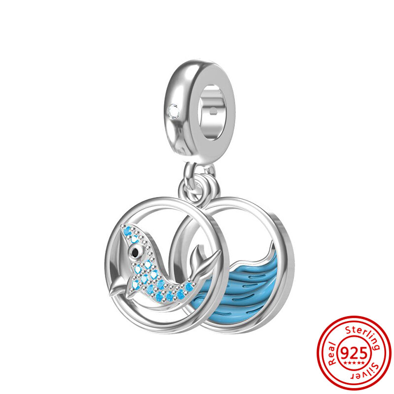 925 Sterling Silver Dolphins Seahorse Whale Sharks Tropical Fish Dangle Charm Blue Beads Fit Pandora Original Bracelet Jewelry