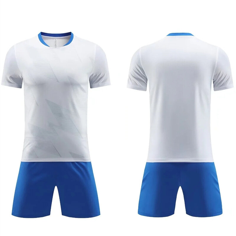 23-24 letnia marka piłkarska nosi niebieską czerwoną biała dzianina niestandardowa koszulka z krótkim rękawem zestaw szortów koszulka na zamówienie model 5209