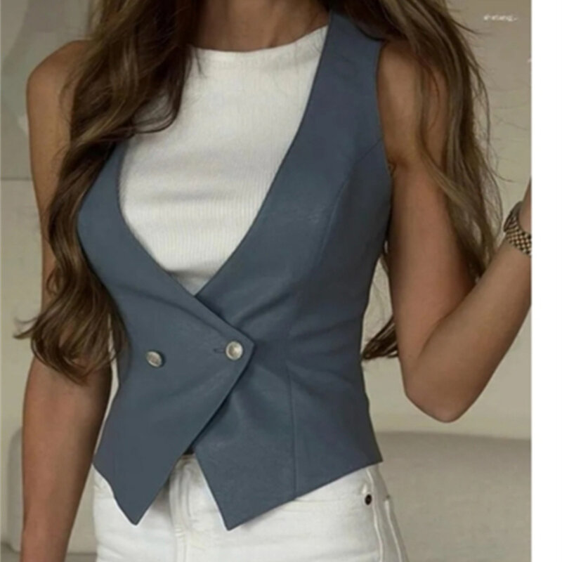 Women Vest 2024 Low-cut V Neck Clothes Faux Leather Fashion Slim Fit Sleeveless For Casual Lined Coats Female Waistcoat 조끼