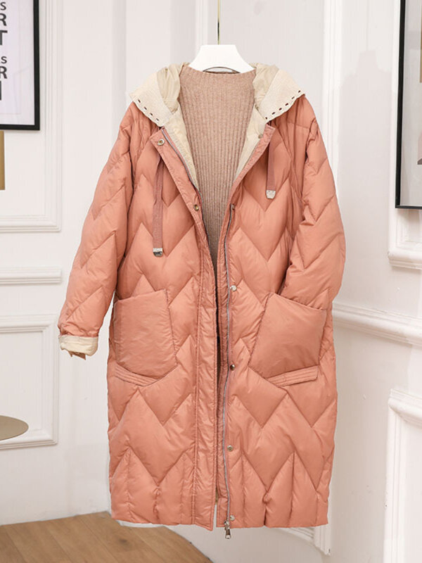 여성용 경량 다운 재킷, 루즈 캐주얼 후드, 긴 코트, 여성 캐주얼 루즈 격자 무늬 파카, 스노우 웨어, 아웃웨어