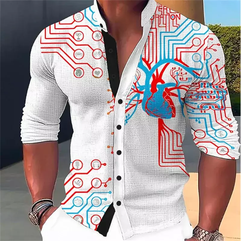 2023 Spring Summer Men's Clothing Heart HD Color Pattern Long Sleeve Shirt Lapel Button Shirt Soft Comfortable Material S-6XL