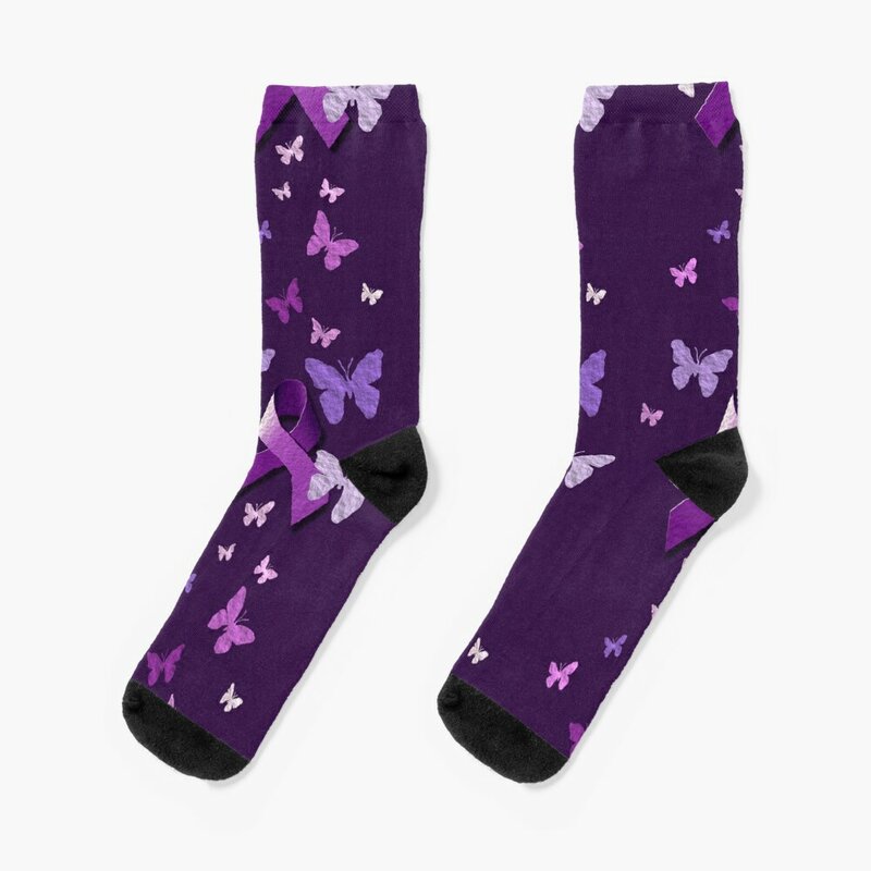 男性と女性のための蝶の靴下が付いた紫色の認識リボン、滑り止め、サーマル、クロスフィット、クレイジー、冬
