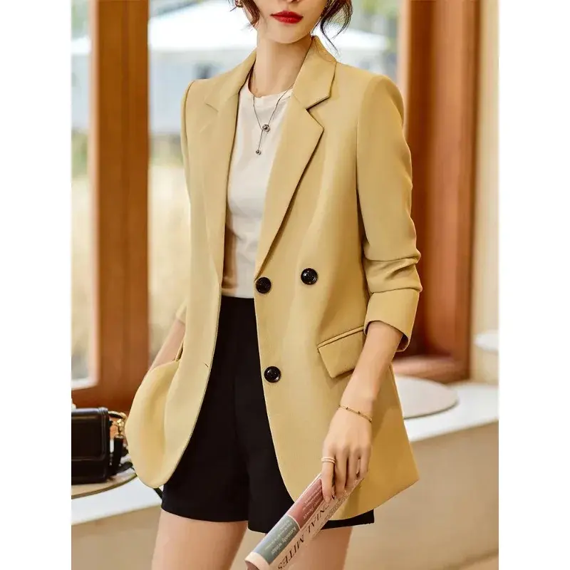 Women Loose Casual Blazer Ladies Yellow White Black Female Long Sleeve Single Breasted Solid Jacket Coat