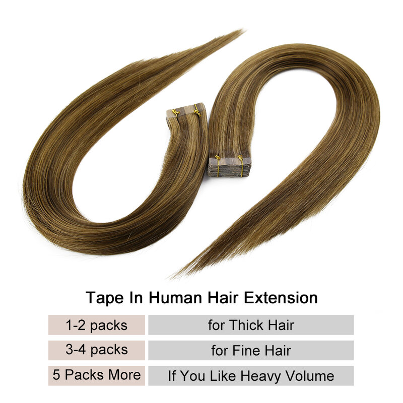 Cinta Invisible en extensión de cabello humano liso, extensiones de cabello humano Real para mujeres, cinta adhesiva de Color Natural, 20 piezas