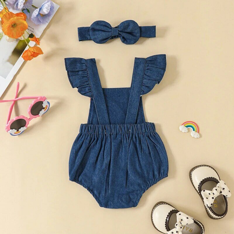Newborn Girl Bodysuit Outfit Embroidery Rainbow Fly Sleeve Romper with Bowknot Hairband Summer Clothes